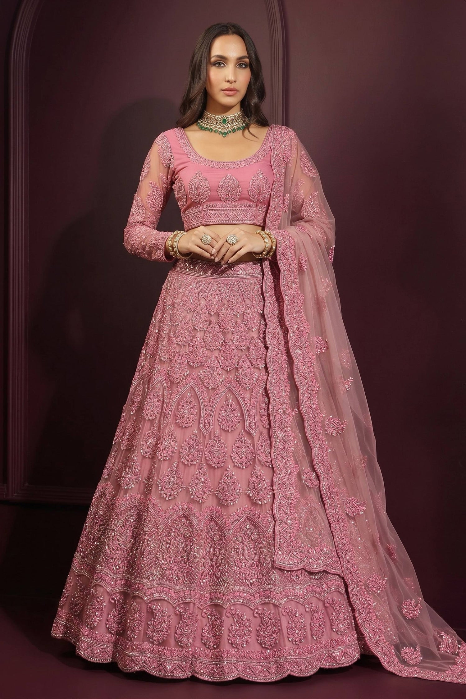 Pink Net Fabric Wedding Wear Lehenga Choli