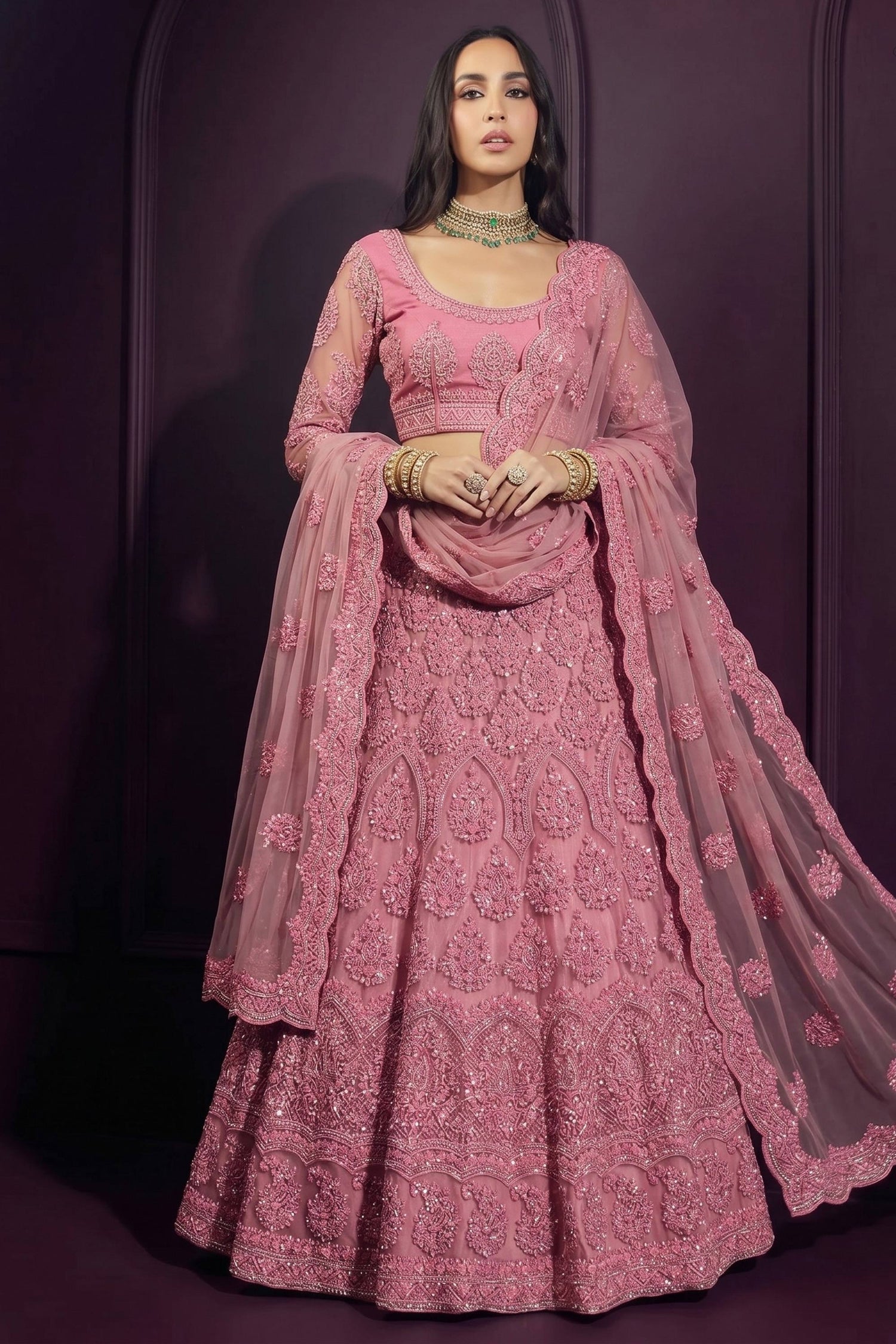 Pink Net Fabric Wedding Wear Lehenga Choli