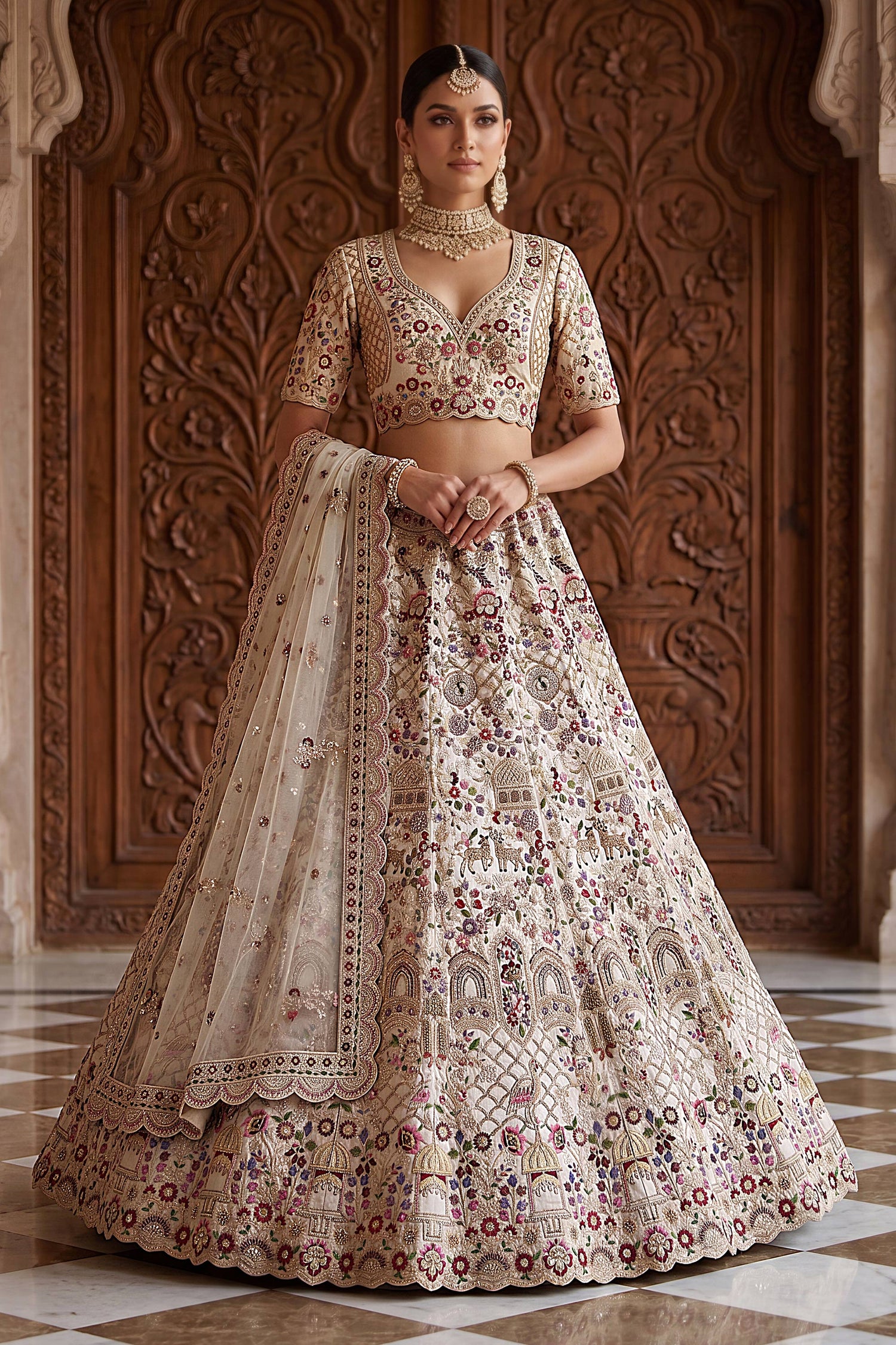 Beige Heavy Embroidery Sangeet Function Lehenga Choli