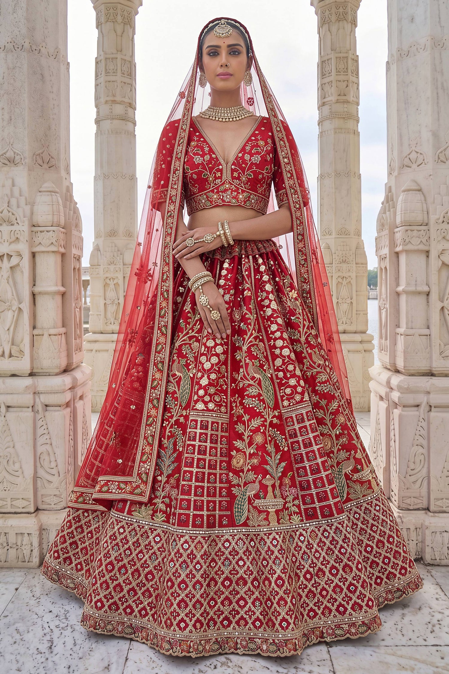 Flaming Red Heavy Embroidered Bridal Lehenga Choli
