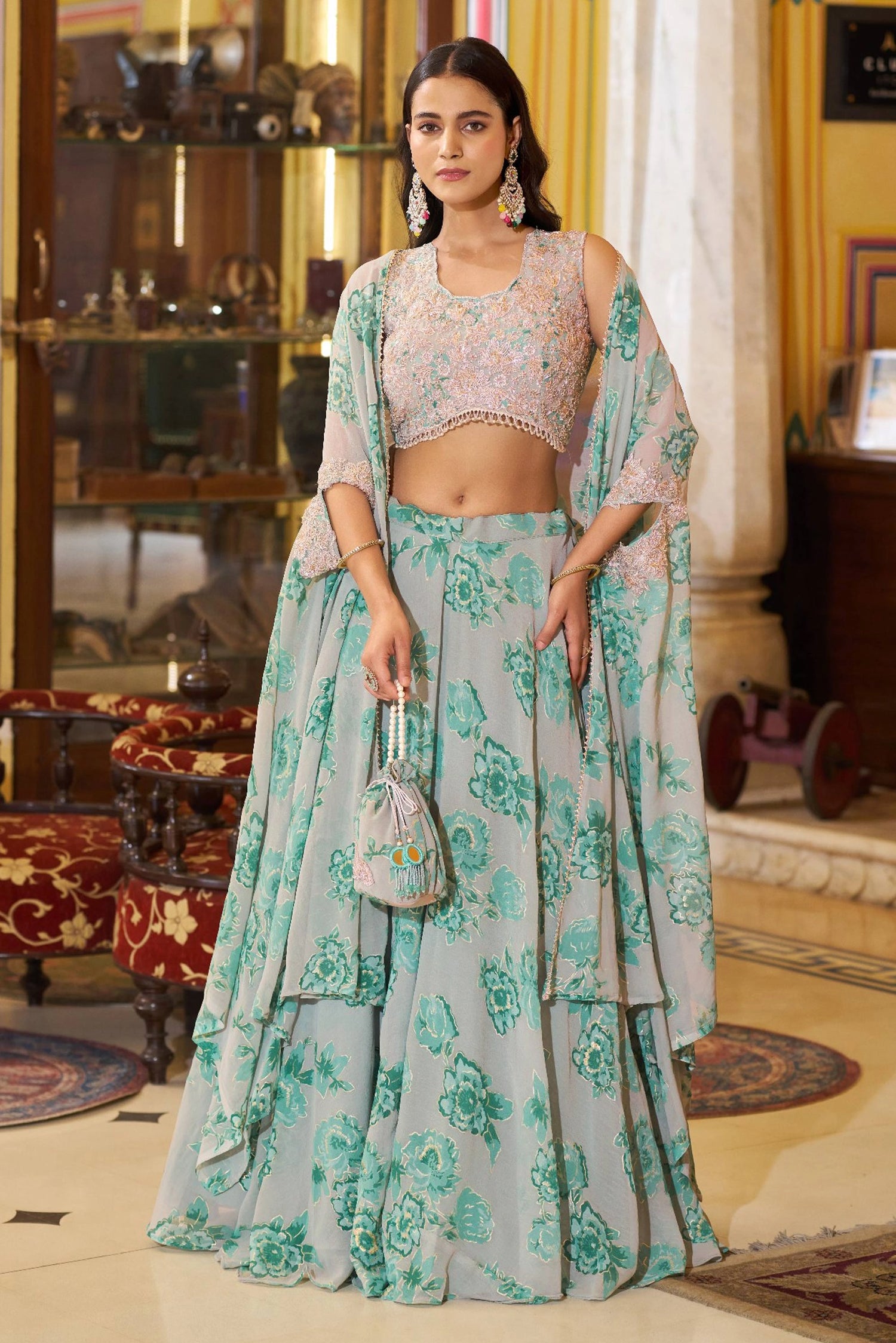 Georgette Sangeet Wear Readymade Lehenga Choli Cape Style Dupatta