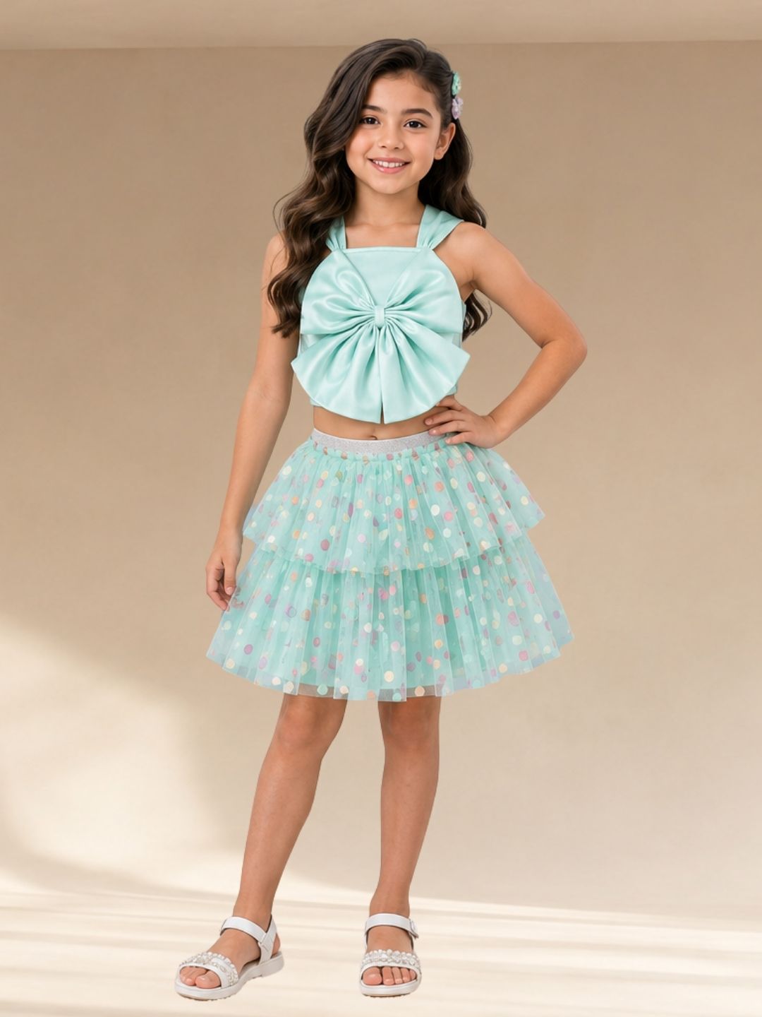 Rainbow Girls Green Stylish Skirt Co-Ord Outfit