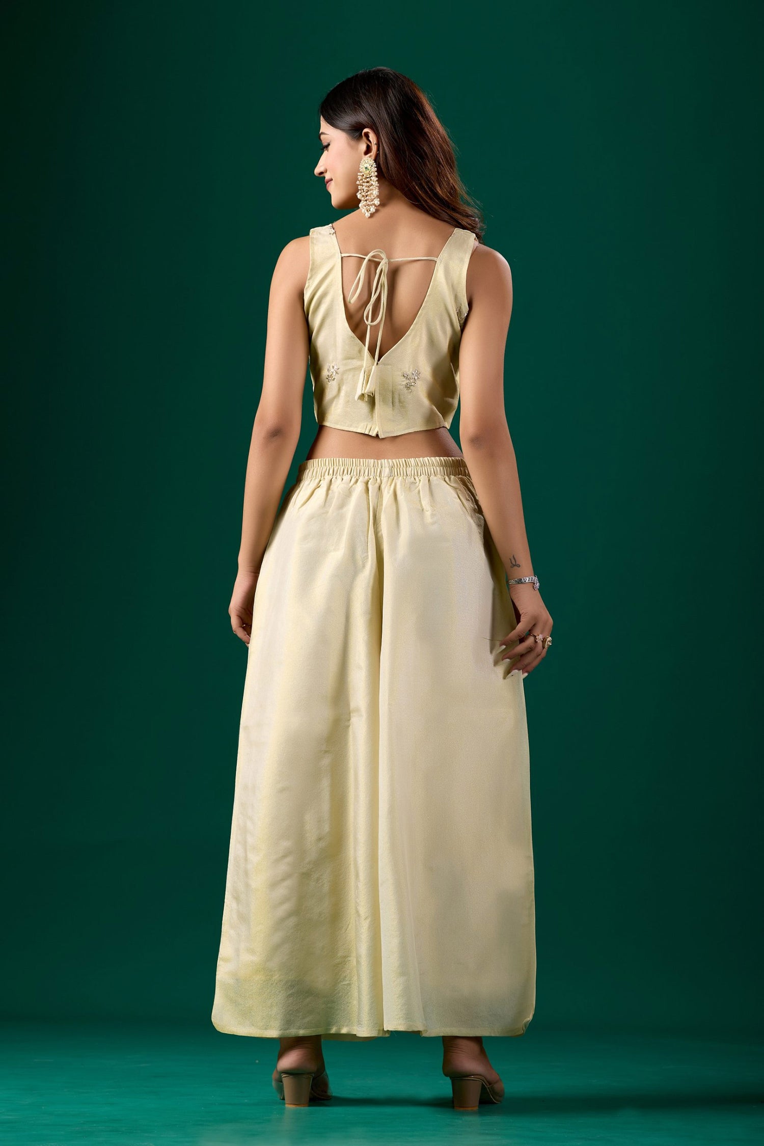 Embroidered Party Wear Indo Western Crop Top Palazzo Set With Jacket