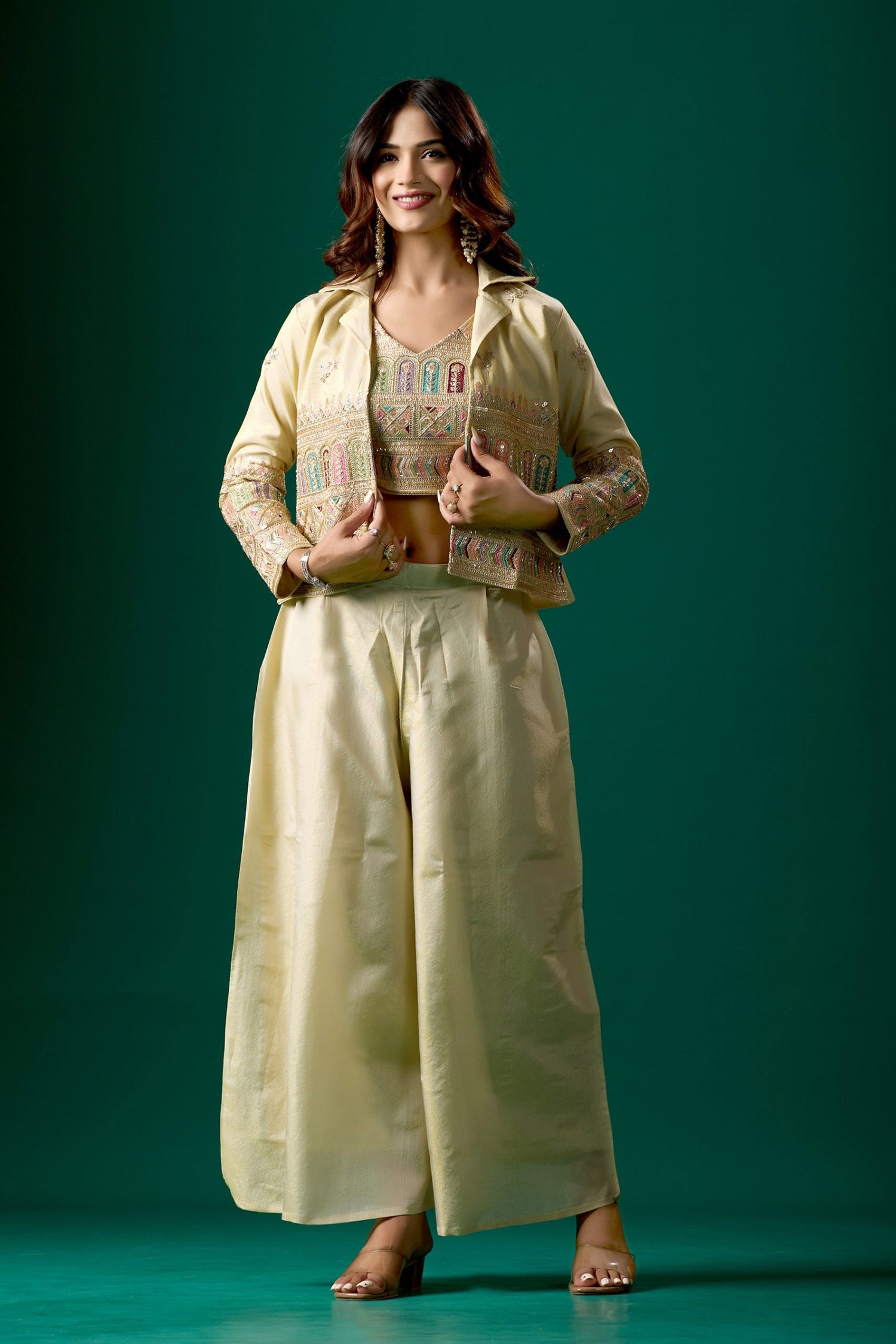 Embroidered Party Wear Indo Western Crop Top Palazzo Set With Jacket