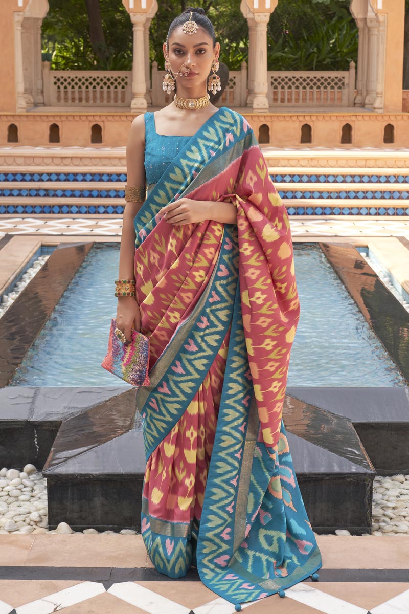 Beguiling Printed Work On Peach Color Art Silk Fabric Patola Saree