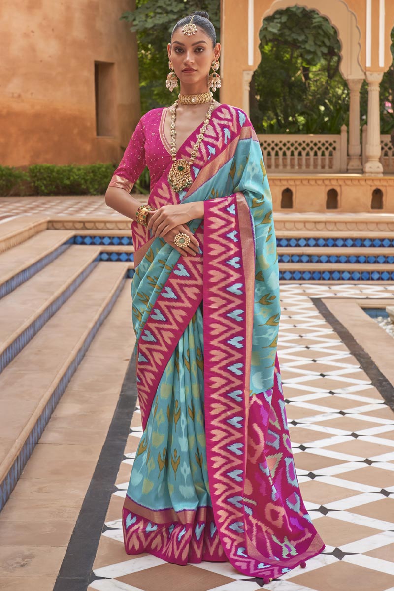 Incredible Printed Work On Art Silk Fabric Cyan Color Patola Saree
