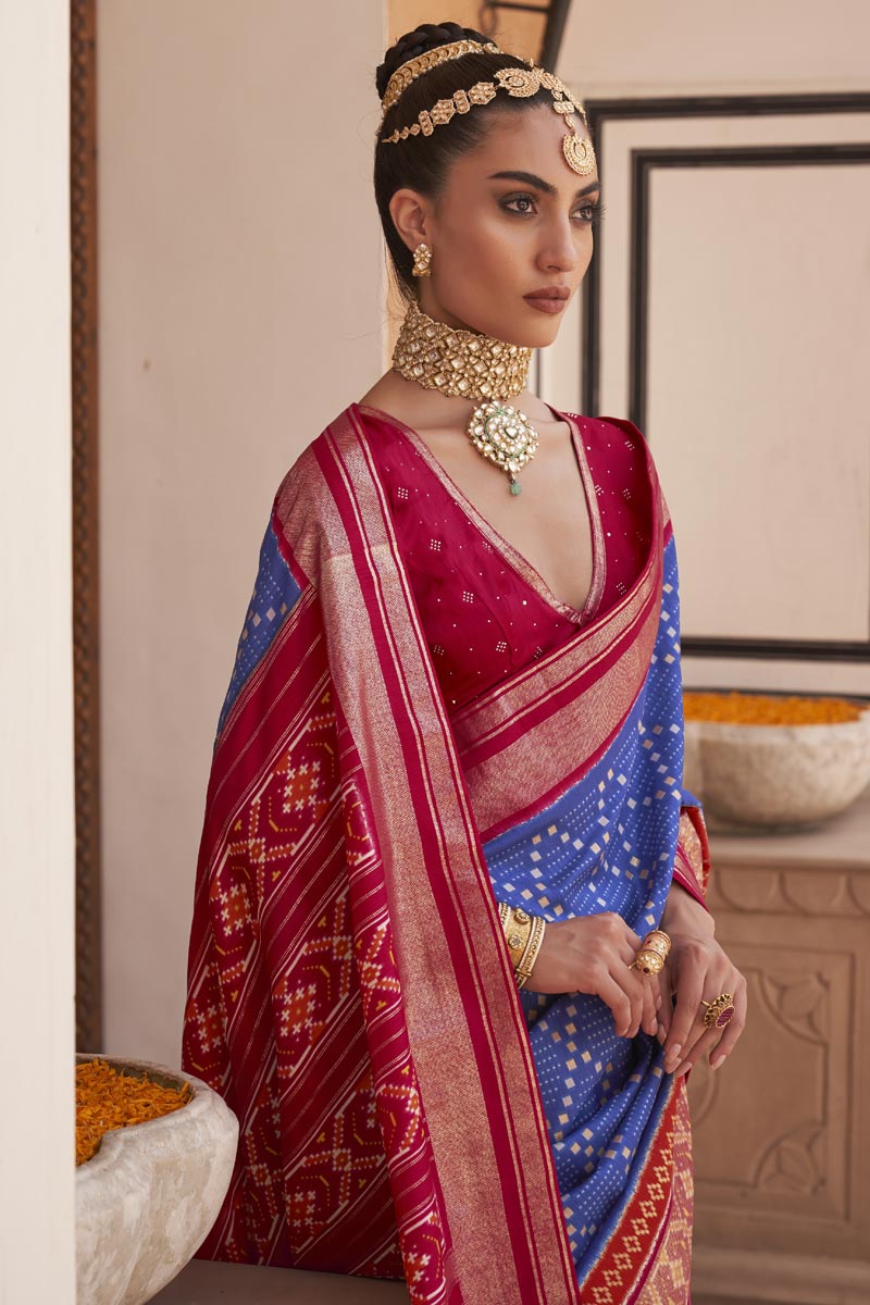 Classic Printed Work On Blue Color Patola Saree In Art Silk Fabric