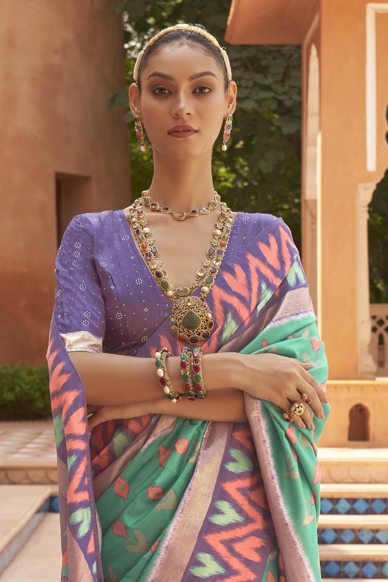 Excellent Art Silk Fabric Sea Green Color Patola Saree With Printed Work