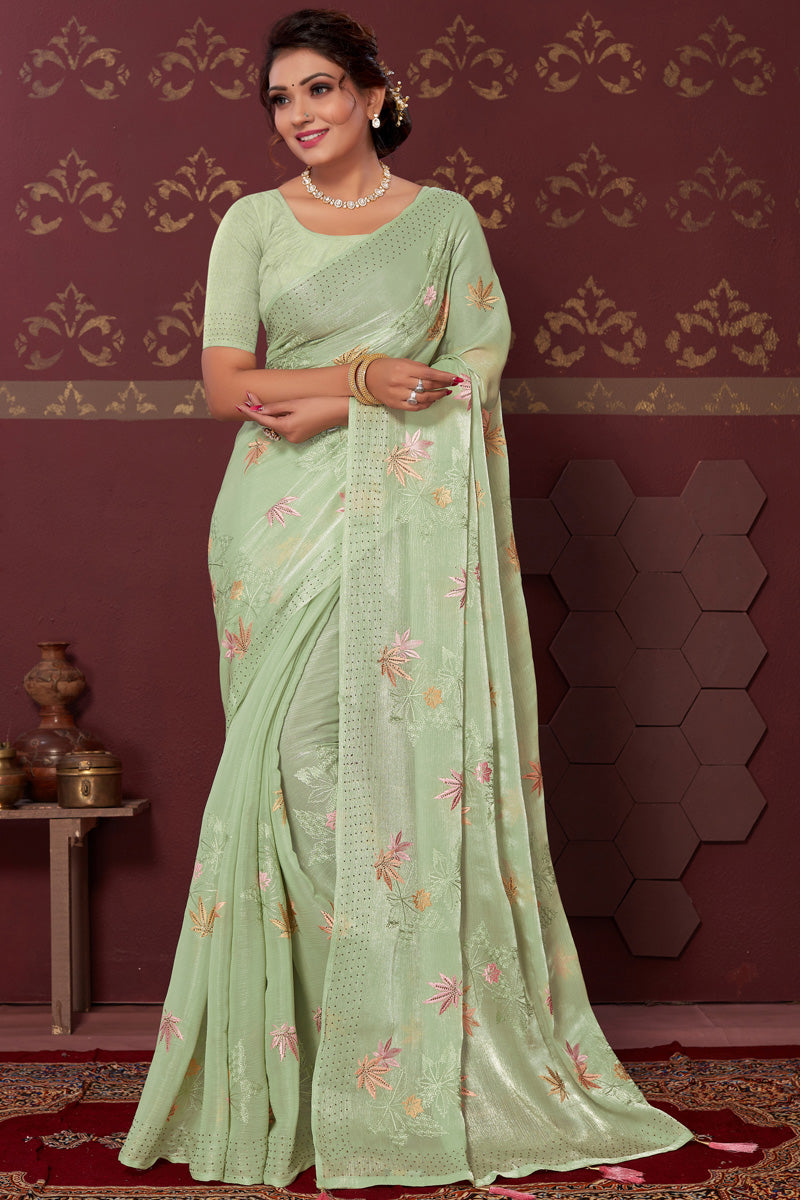 Graceful Sea Green Color Art Silk Fabric Embroidered Saree