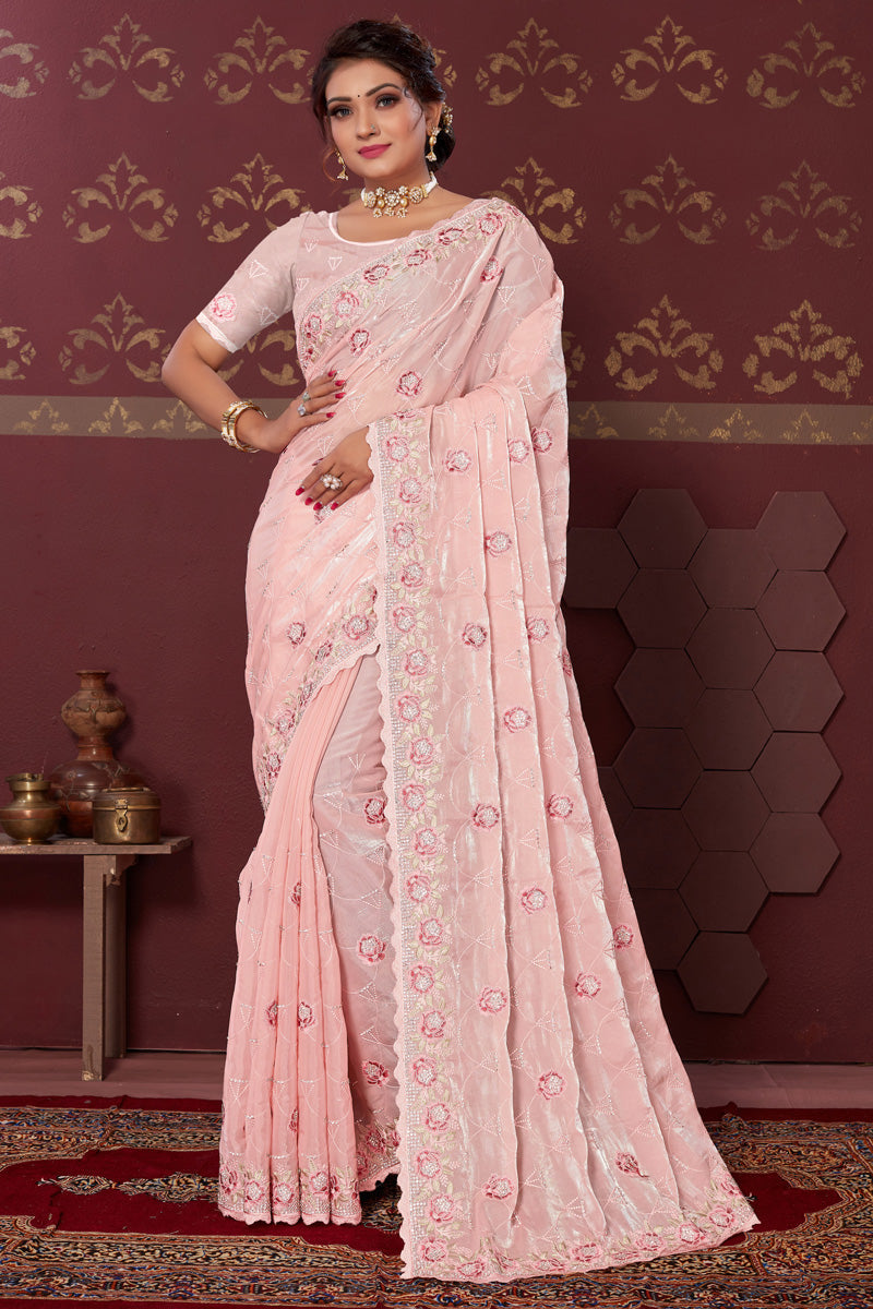 Art Silk Fabric Embroidered Saree In Artistic Peach Color