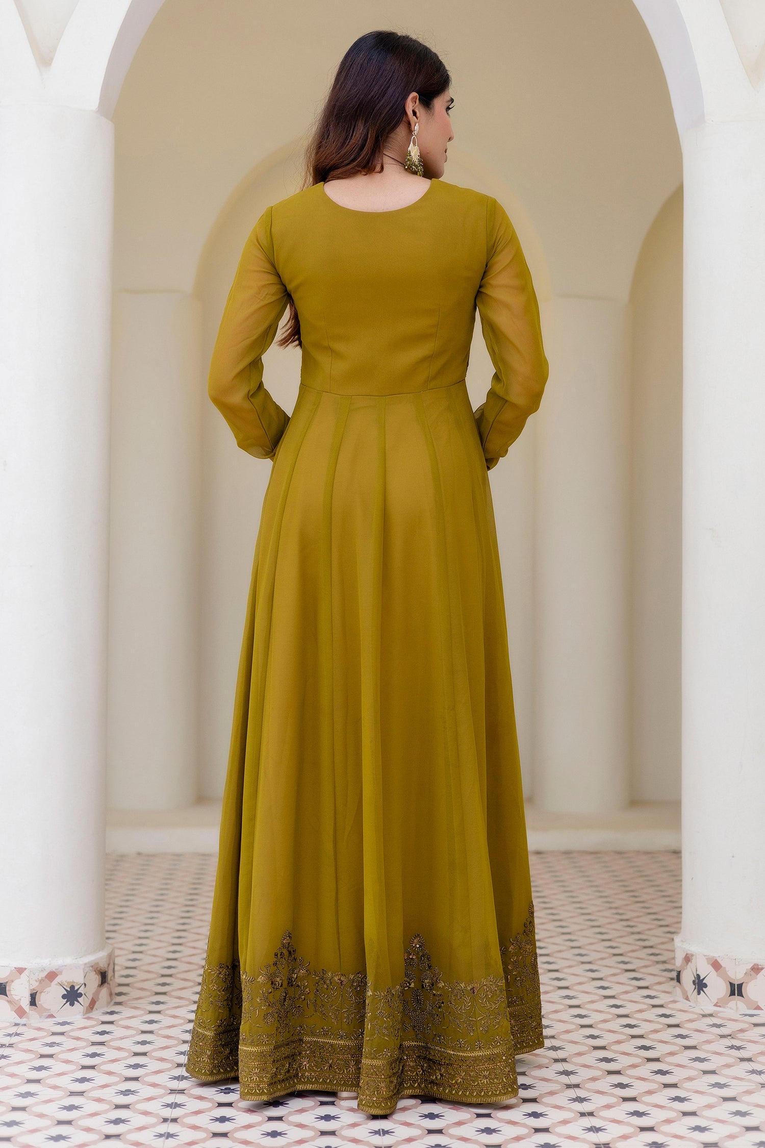 Green Georgette Embroidered Readymade Gown With Dupatta