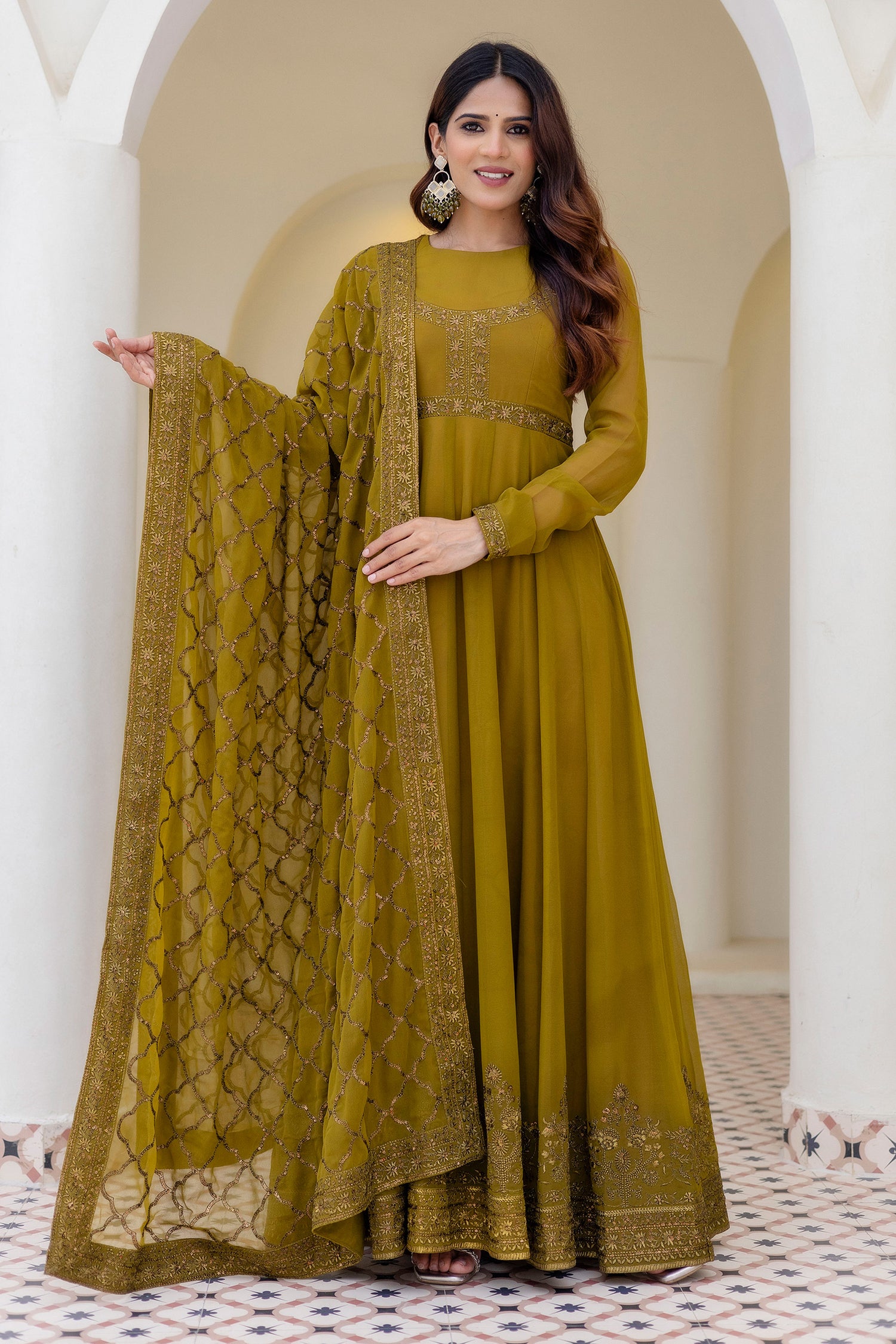 Green Georgette Embroidered Readymade Gown With Dupatta
