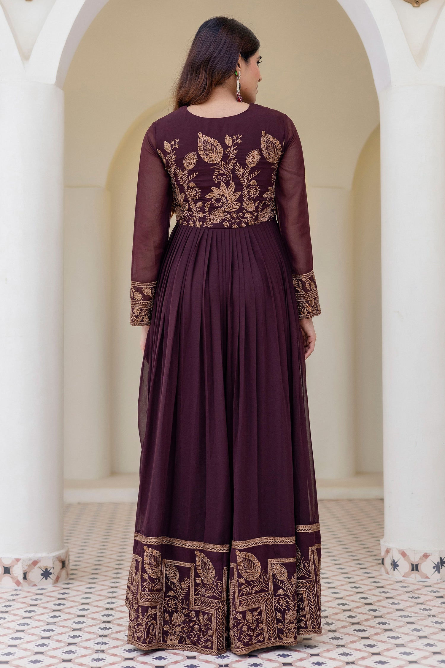 Georgette Wine Embroidered Work Anarkali Gown With Dupatta
