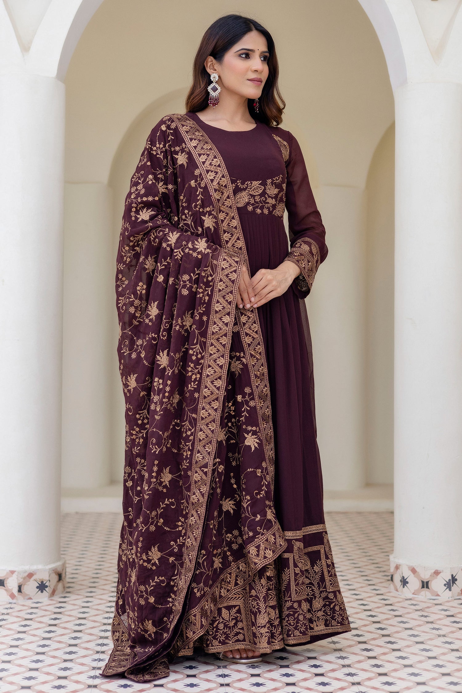Georgette Wine Embroidered Work Anarkali Gown With Dupatta
