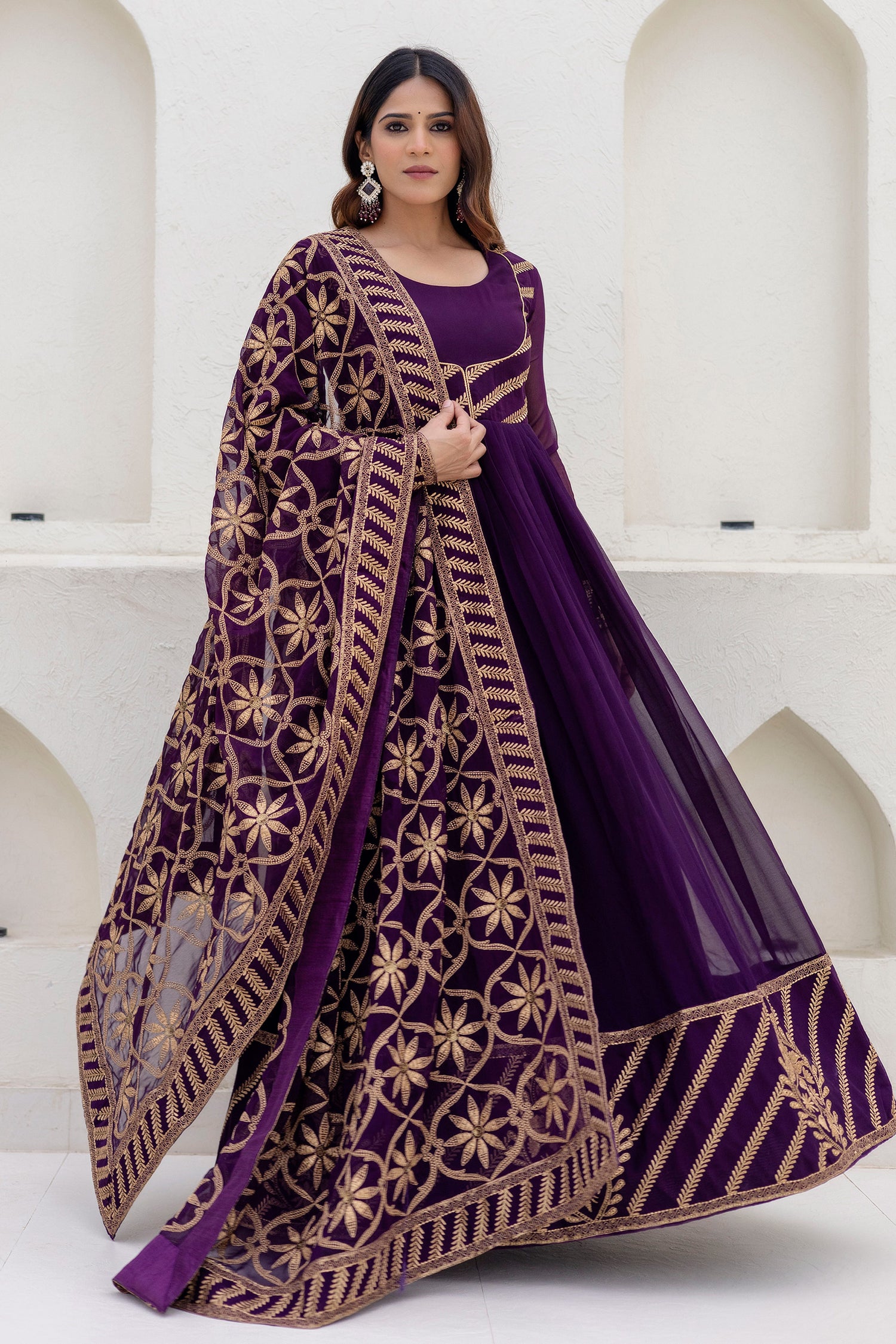 Embroidered Georgette Purple Anarkali Gown With Dupatta