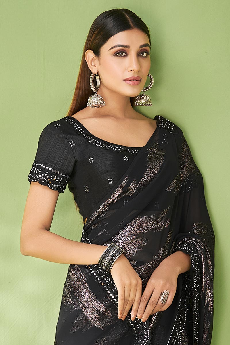 Brilliant Foil Printed Georgette Saree In Black Color