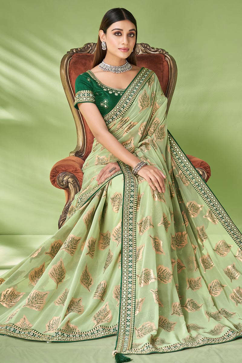 Sea Green Attractive Foil Printed Georgette Saree