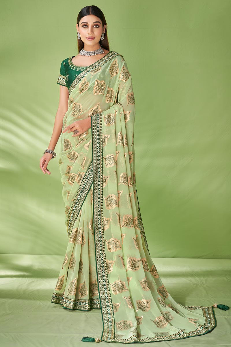 Sea Green Attractive Foil Printed Georgette Saree