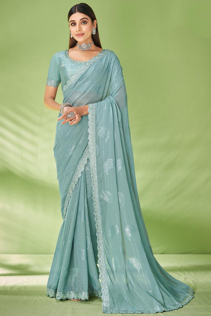 Stunning Foil Printed Georgette Saree In Sky Blue Color