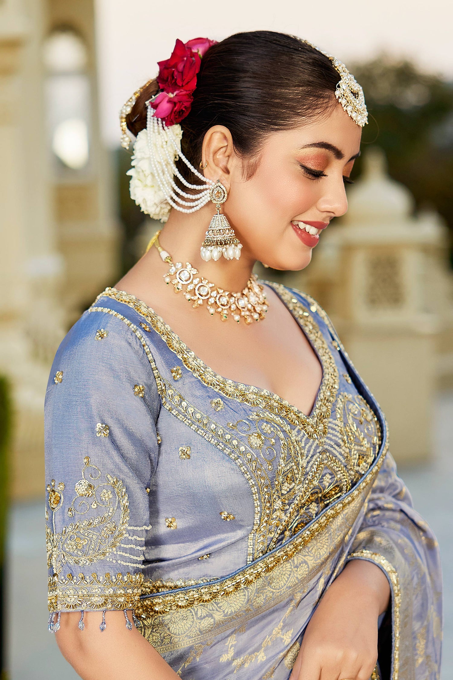 Blue Zari Weaving Work Wedding Saree With Readymade Blouse