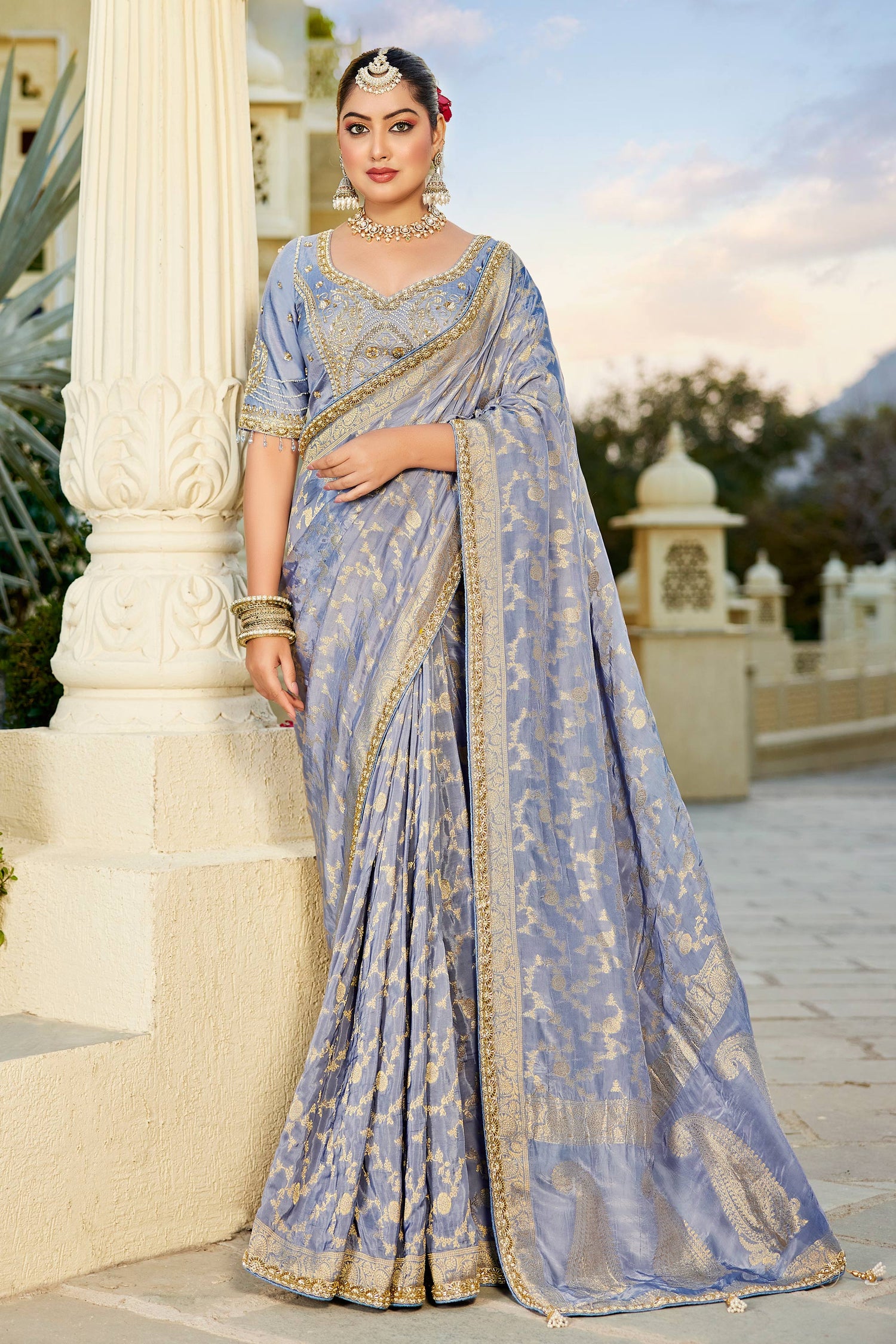 Blue Zari Weaving Work Wedding Saree With Readymade Blouse