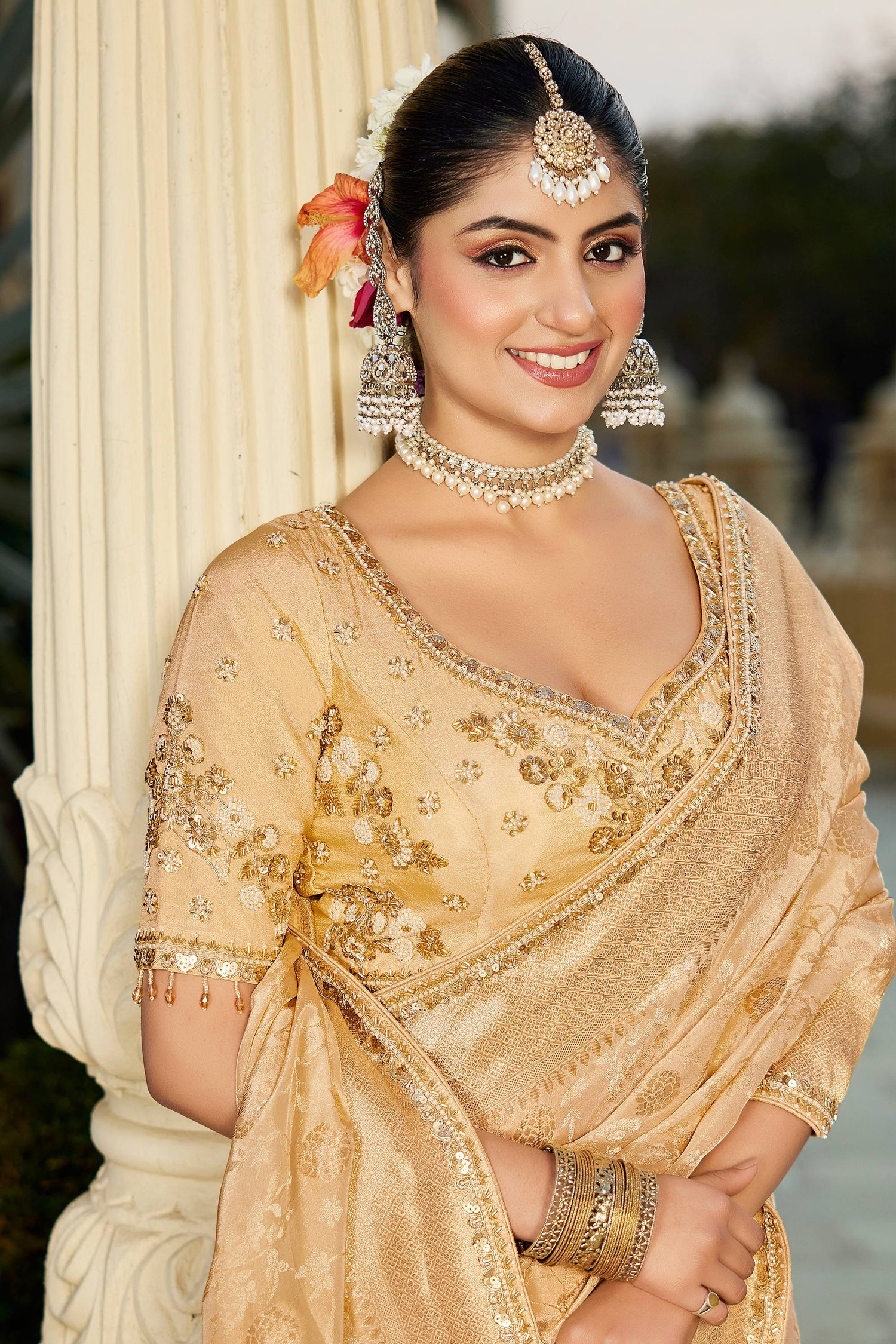 Cream Viscose Tissue Weaving Saree With Readymade Blouse
