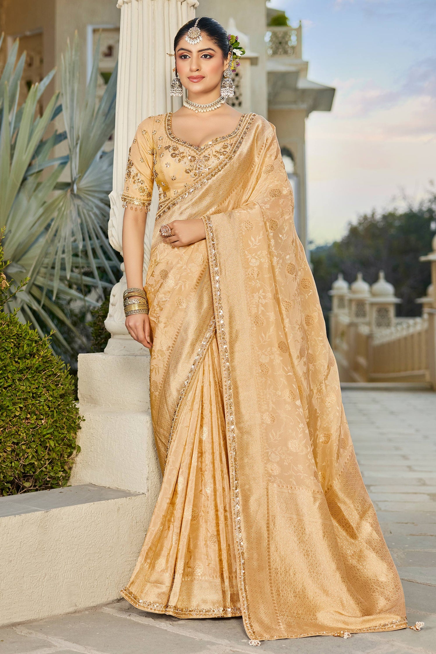 Cream Viscose Tissue Weaving Saree With Readymade Blouse