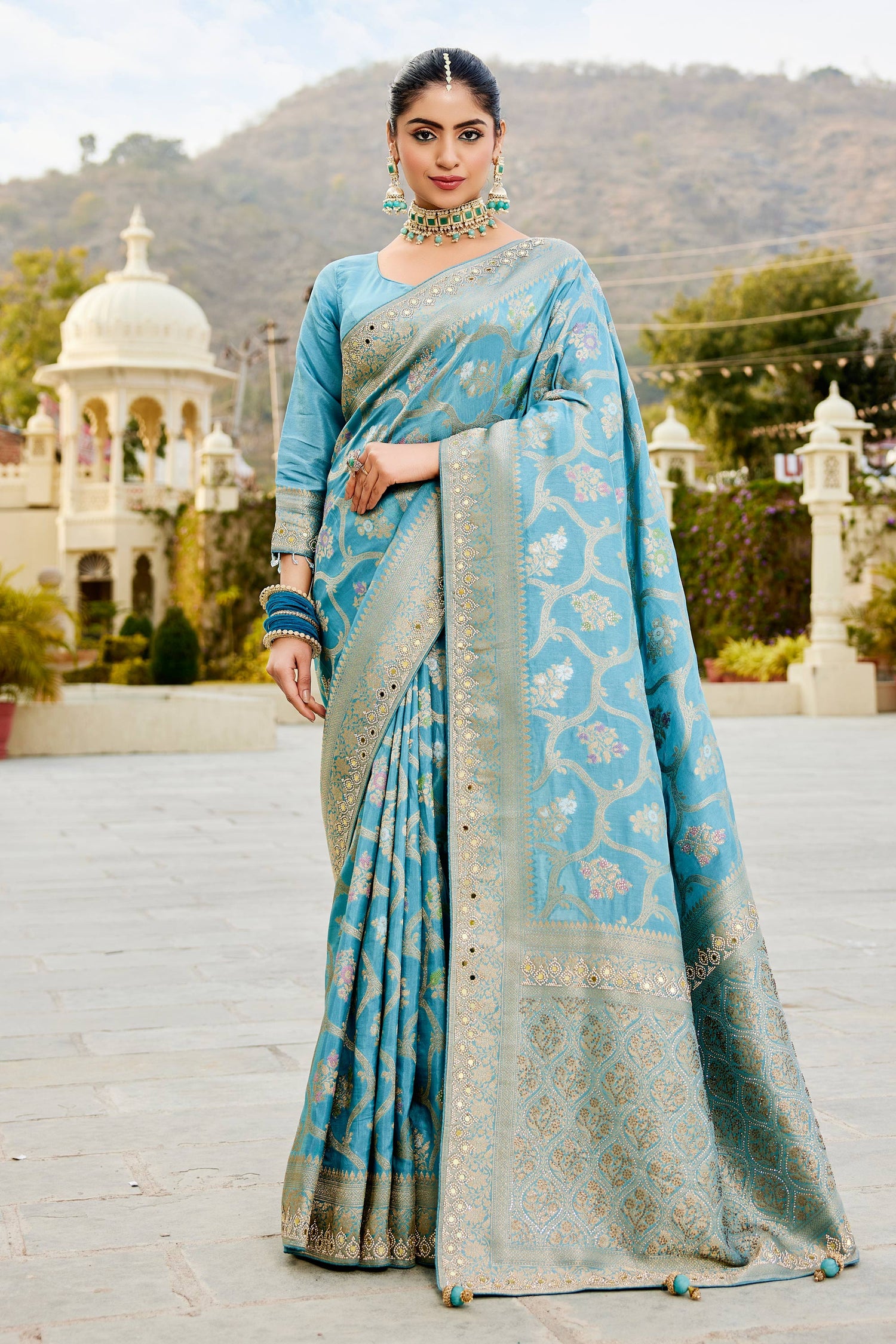Fancy Viscose Silk Trendy Saree In Sky Blue Color