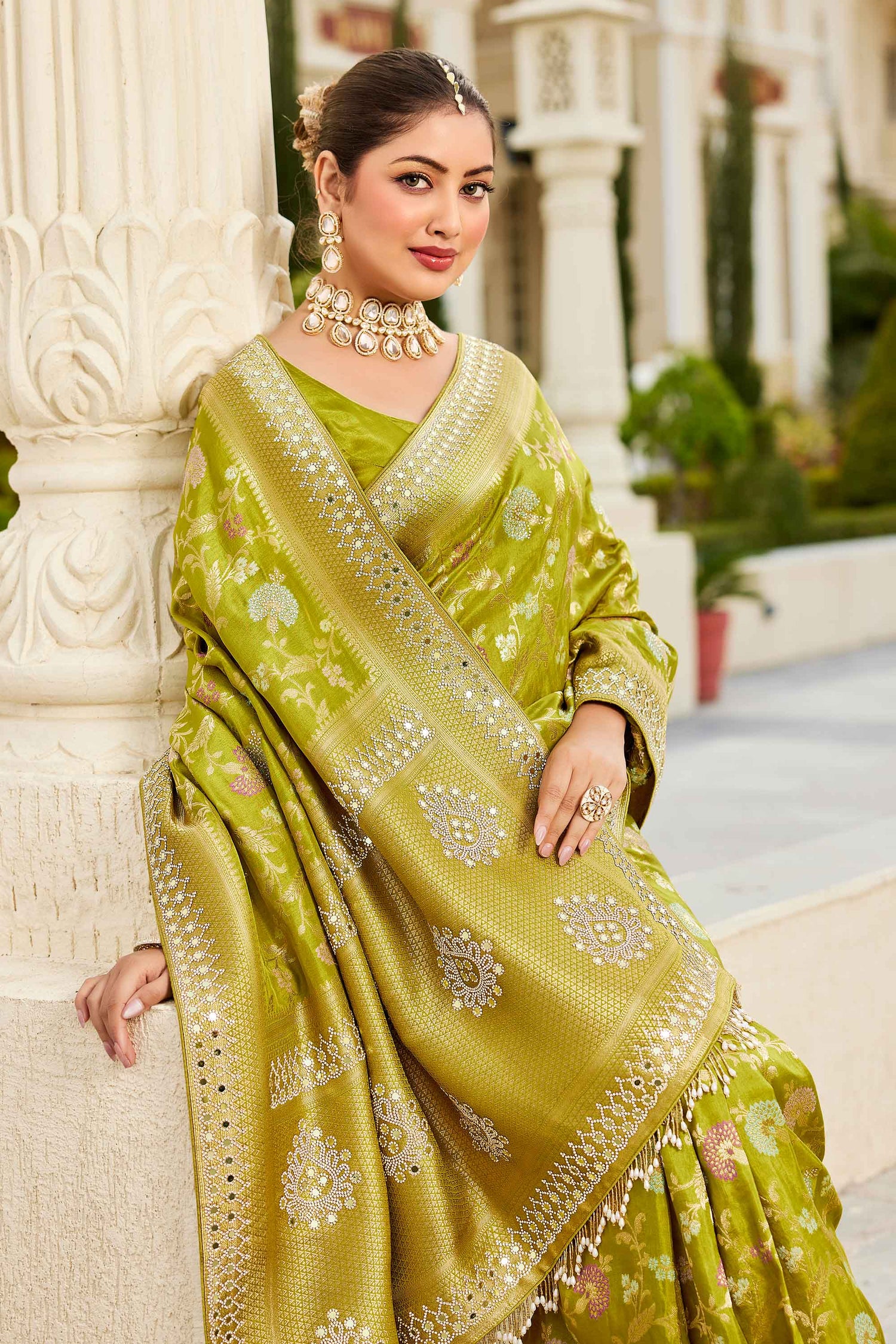 Viscose Silk Green Zarkan Work Wedding Wear Saree