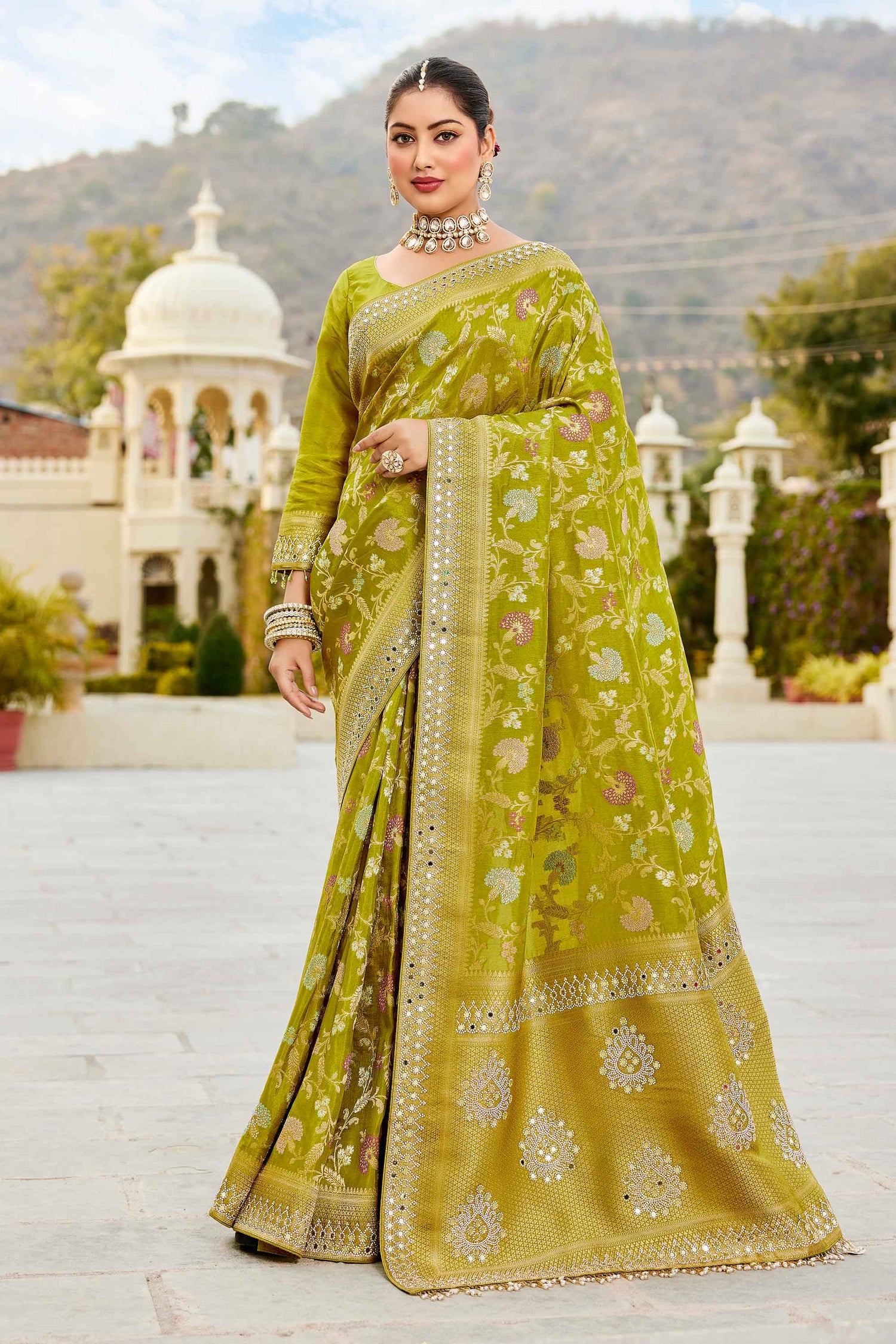 Viscose Silk Green Zarkan Work Wedding Wear Saree