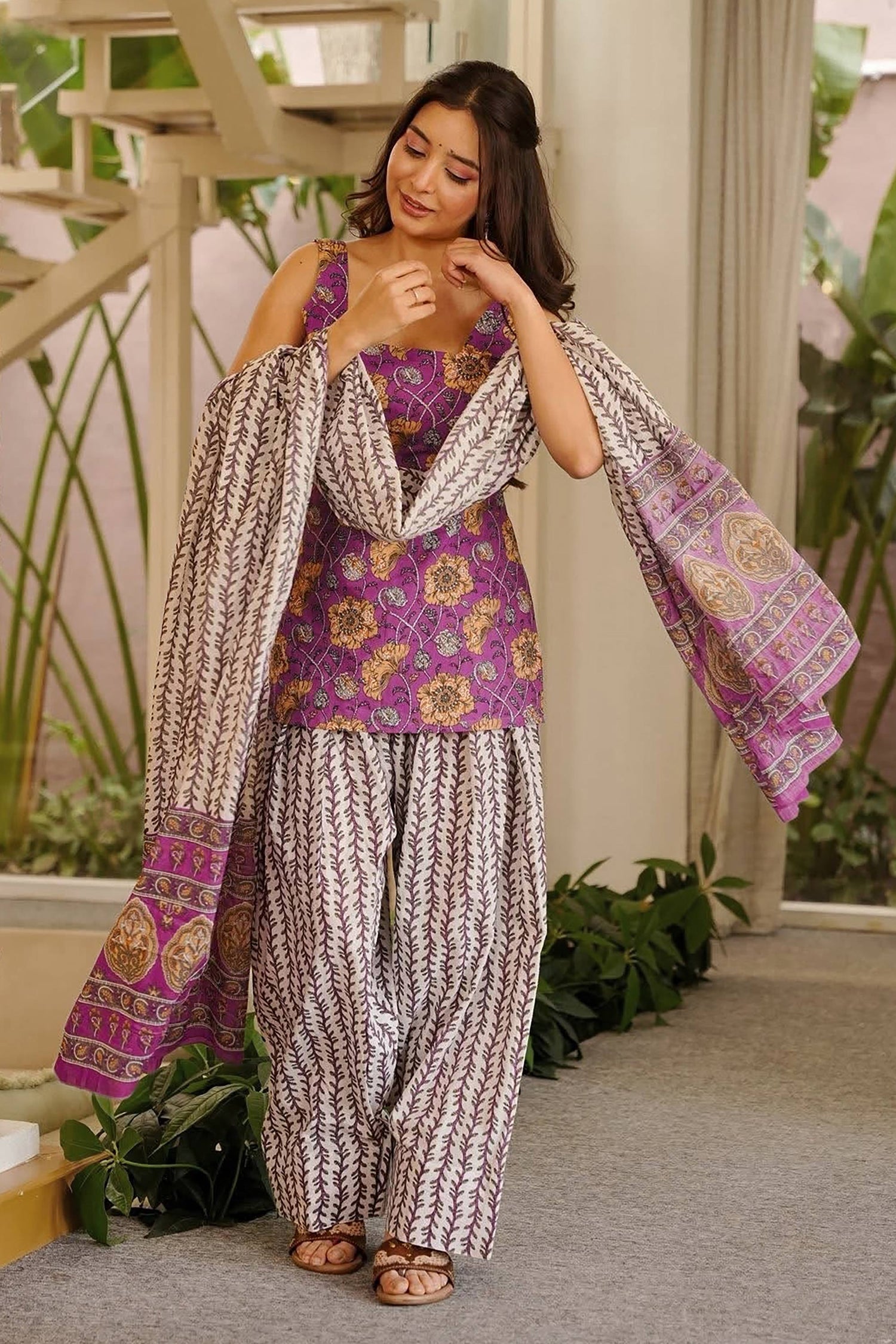 Purple Cotton Printed Readymade Dress