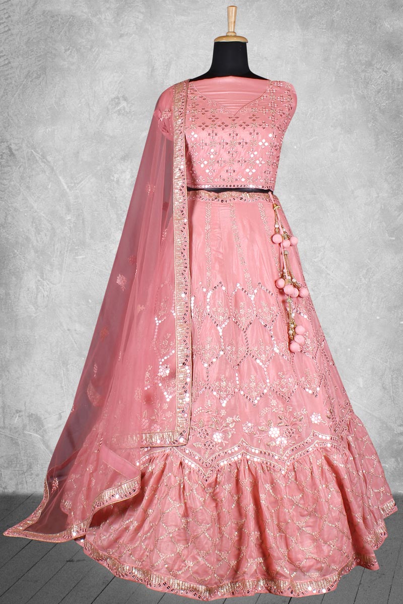 Pink Patterned Satin Fabric Wedding Wear Lehenga Choli