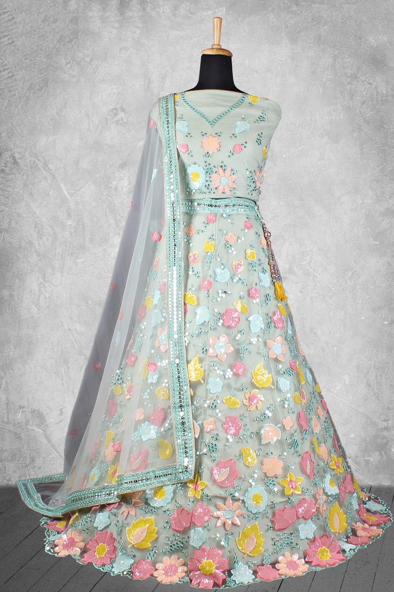 Sea Green Special Net Fabric Wedding Wear Lehenga Choli
