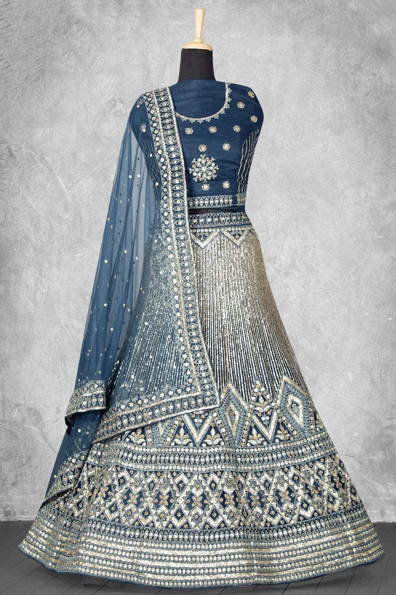 Net Fabric Teal Sequins Work Soothing Bridal Lehenga