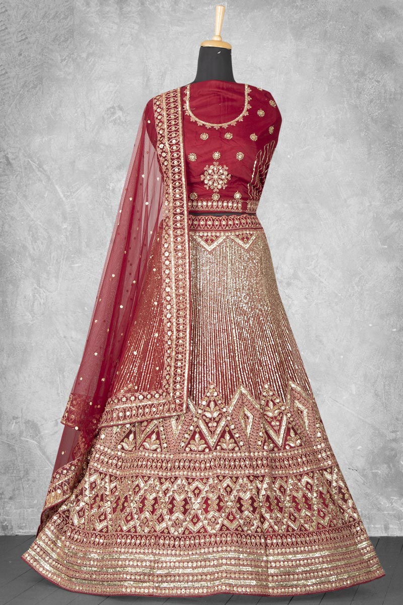 Red Net Fabric Sequins Work Appealing Bridal Lehenga