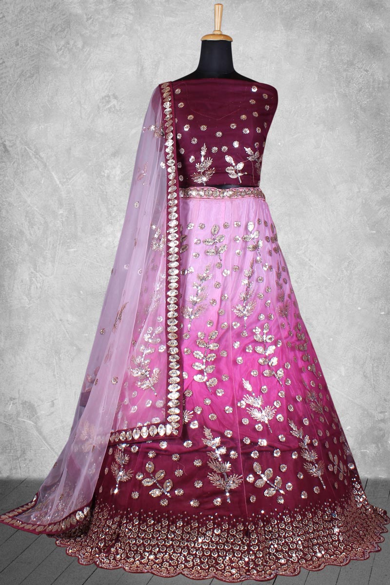 Satin Silk Fabric Sequins Work Awesome Bridal Lehenga In Purple Color