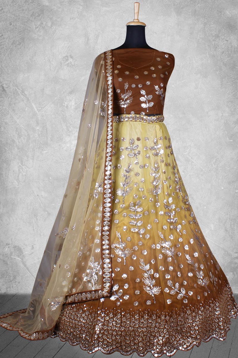 Satin Silk Fabric Stunning Sequins Work Bridal Lehenga In Brown Color