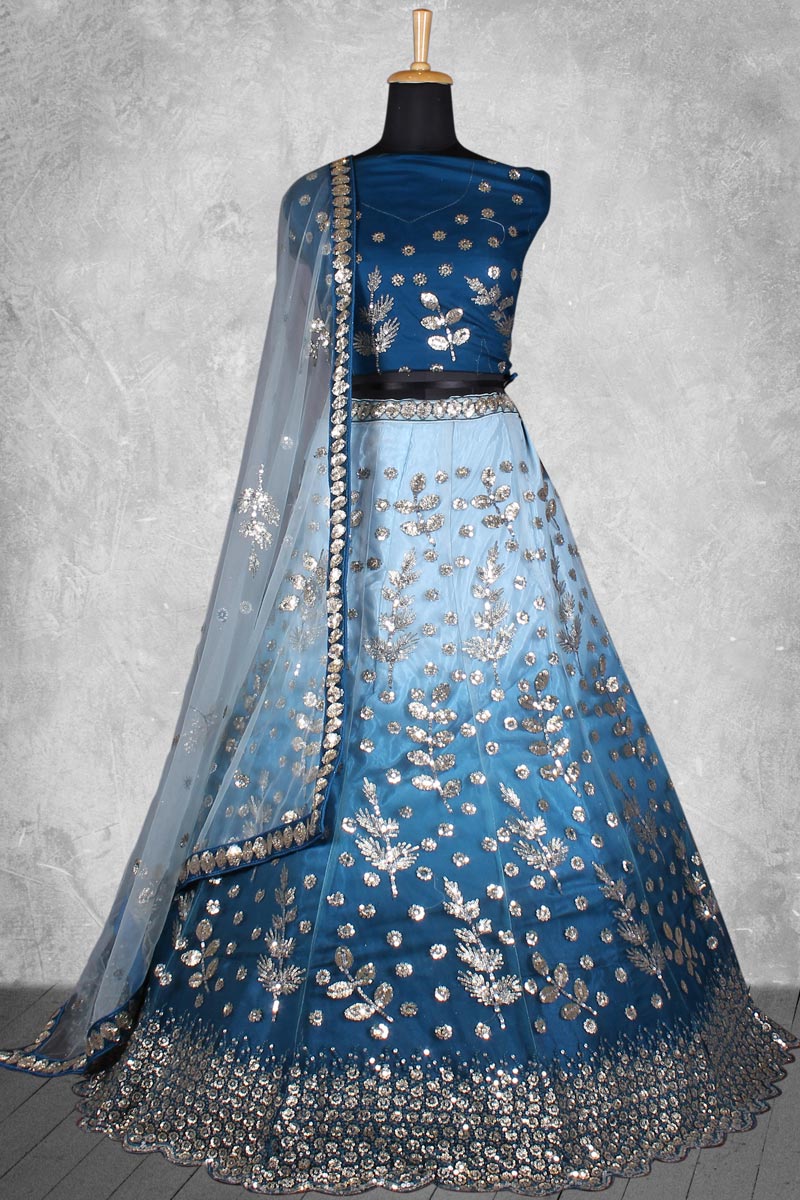 Blue Satin Silk Fabric Appealing Sequins Work Bridal Lehenga