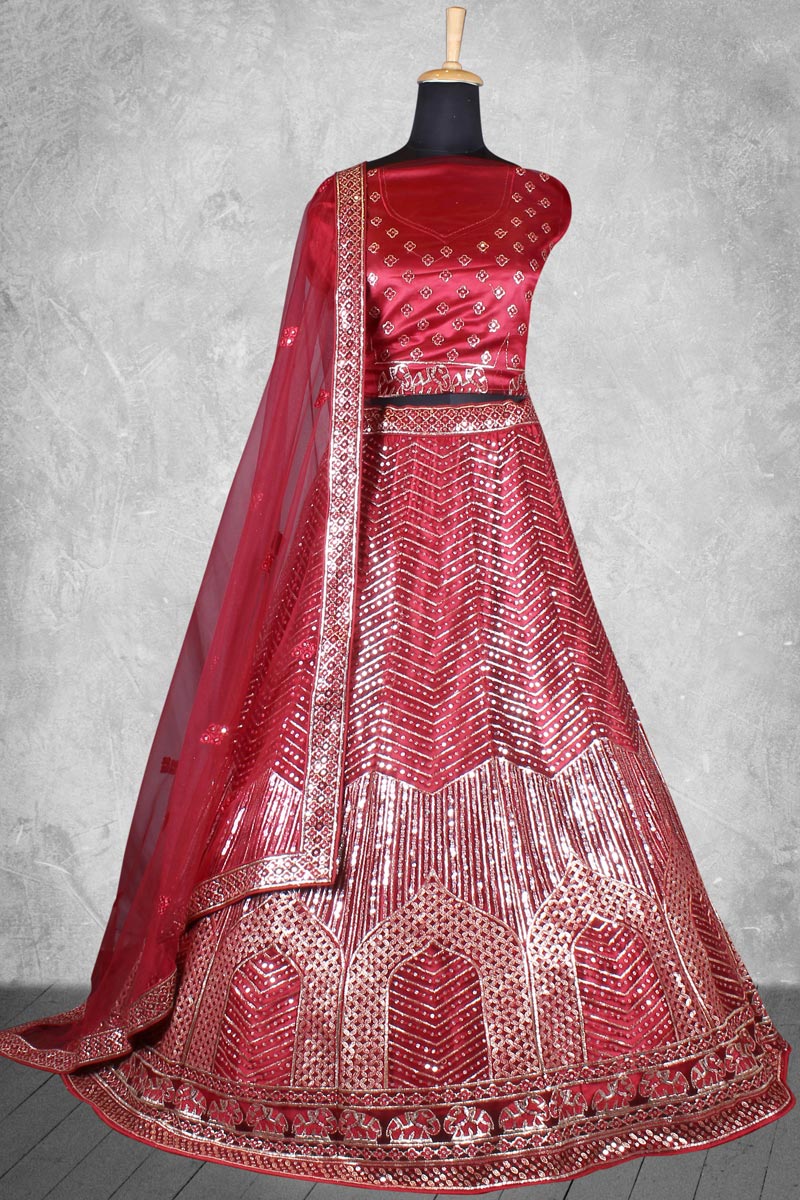 Sequins Work Velvet Fabric Red Enticing Bridal Lehenga