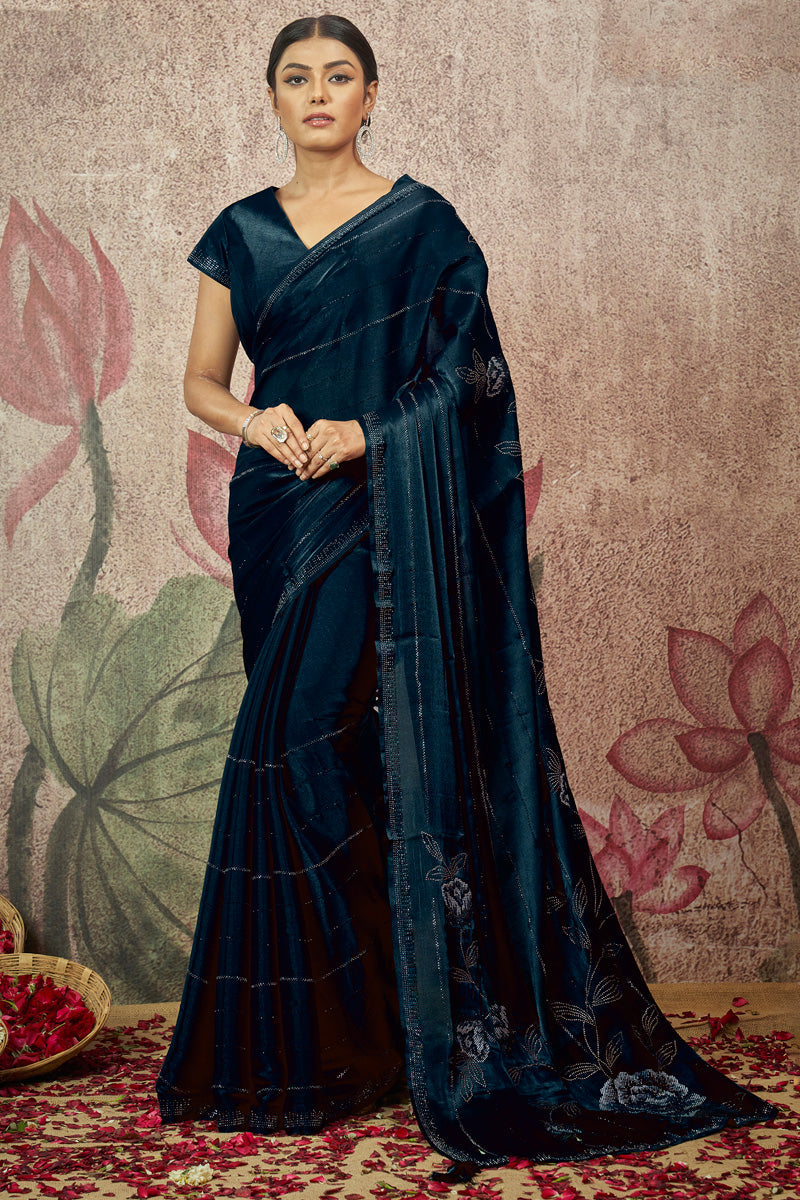 Satin Silk Fabric Teal Color Pleasing Fancy Work Saree