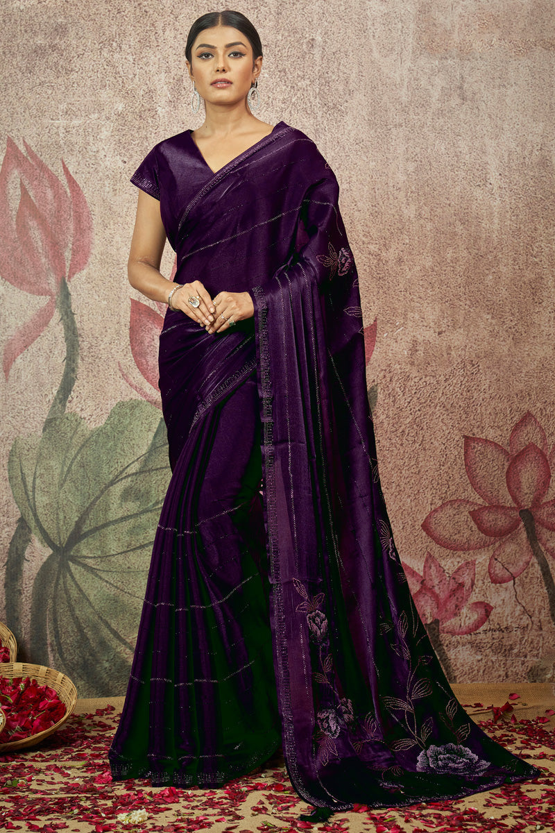 Fancy Work On Wine Color Satin Silk Fabric Glorious Saree