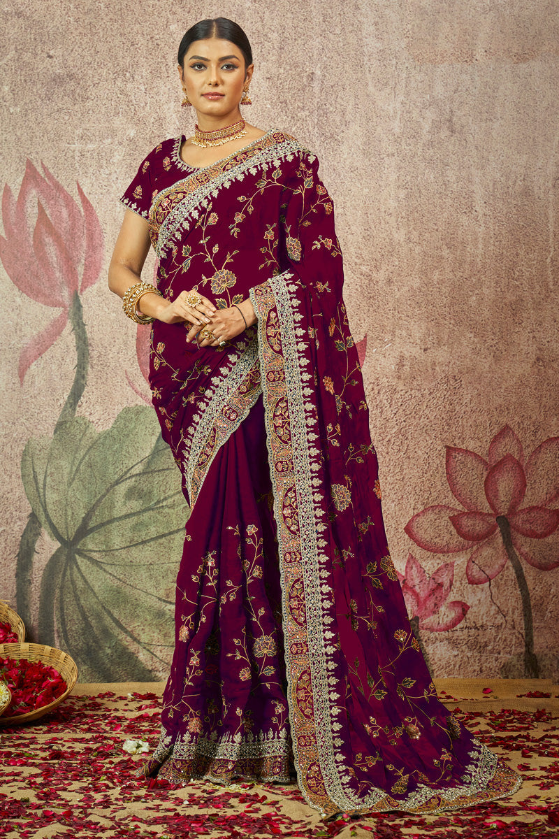 Sequins Work On Organza Fabric Maroon Color Lavish Saree