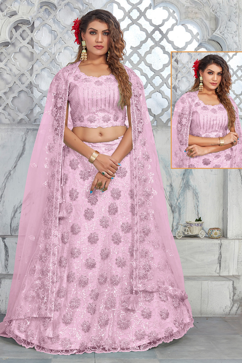 Net Pink Riveting Lehenga With Embroidred Work