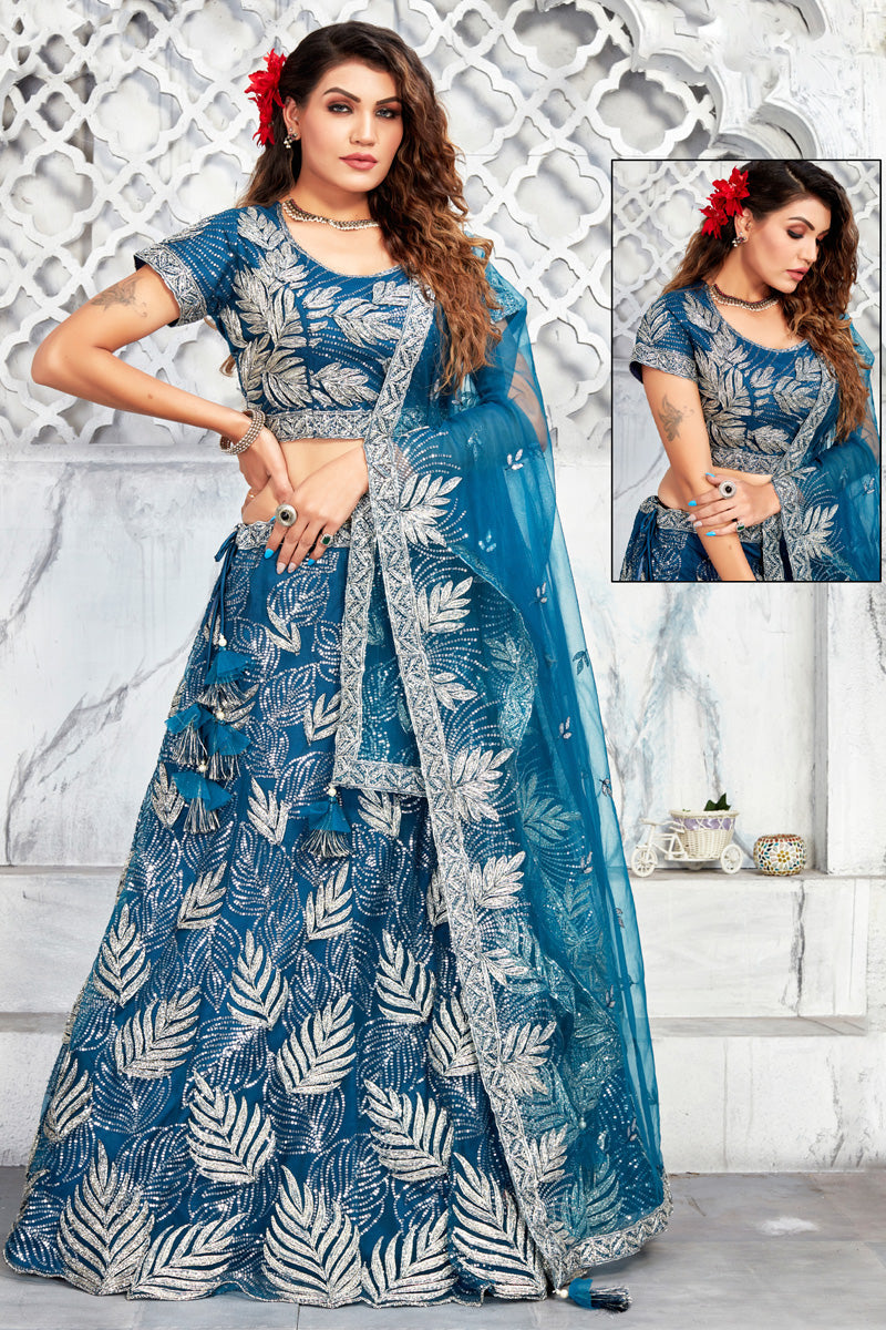 Embroidred Work On Art Silk Bewitching Lehenga In Blue Color