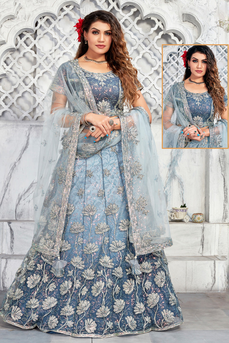 Net Fabric Function Look Awesome Lehenga In Blue Color