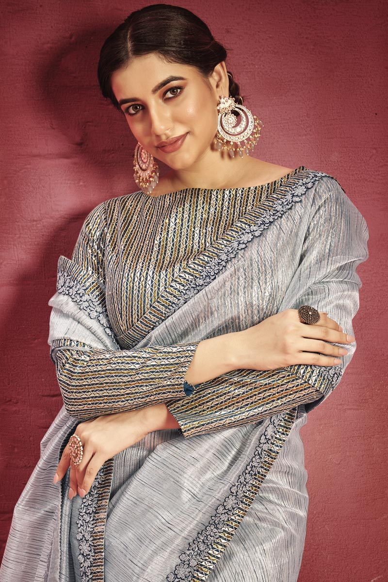 Border Work On Grey Color Organza Fabric Princely Saree