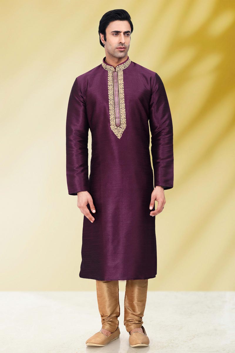 Lovely Purple Color Festive Wear Kurta Pyjama For Men