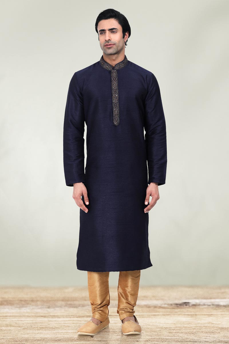 Fancy Navy Blue Color Art Silk Fabric Function Wear Readymade Kurta Pyjama For Men