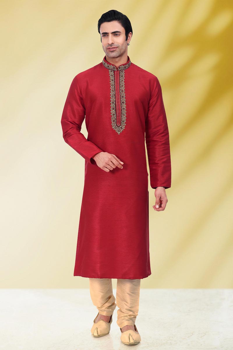 Art Silk Fabric Red Color Festive Wear Readymade Men Stylish Kurta Pyjama