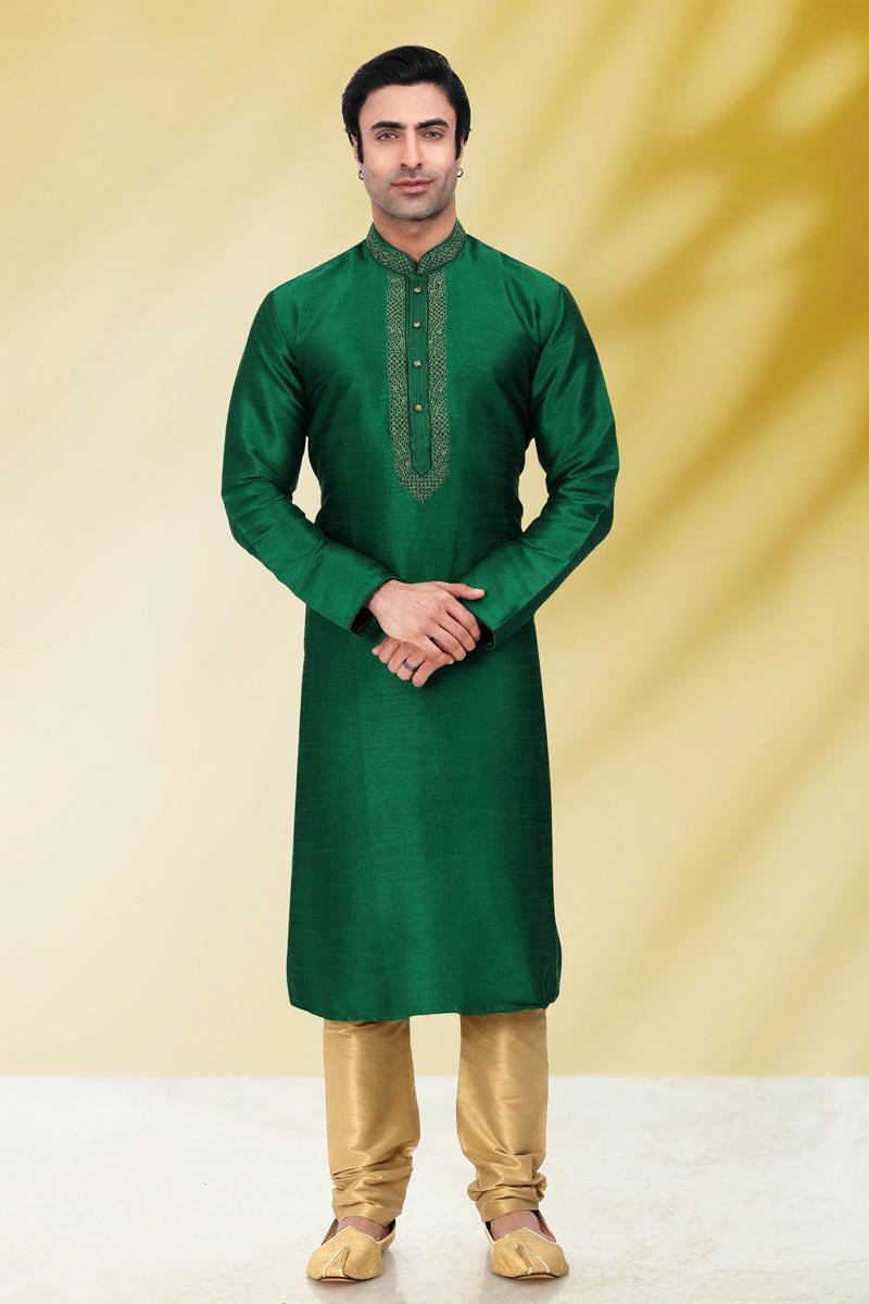Art Silk Green Color Wedding Wear Readymade Designer Men Kurta Pyjama